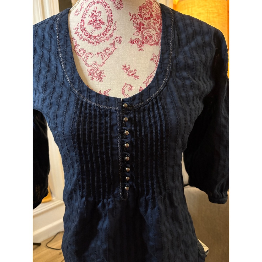 Ann Taylor LOFT Navy Blue Cotton Pintuck Tunic 3/4 Sleeve Textured Top Size 2 - Picture 7 of 7